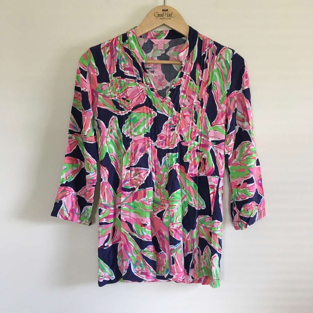 Lilly Pulitzer Sarasota Pintucking Tunic Top XS In the Vias Navy Pink Lime Beach